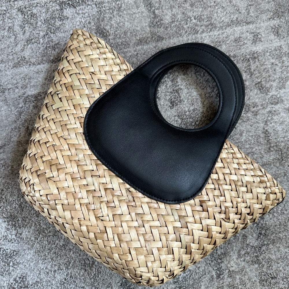 Mango Woven Straw Tote with Black Leather Top Handle